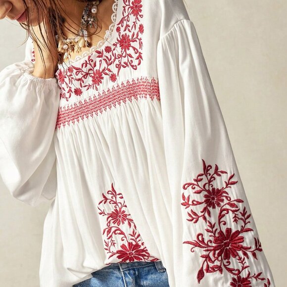 Boho Women's Bohemian Color Woven Embroidery Casual Blouse - Picture 2 of 7